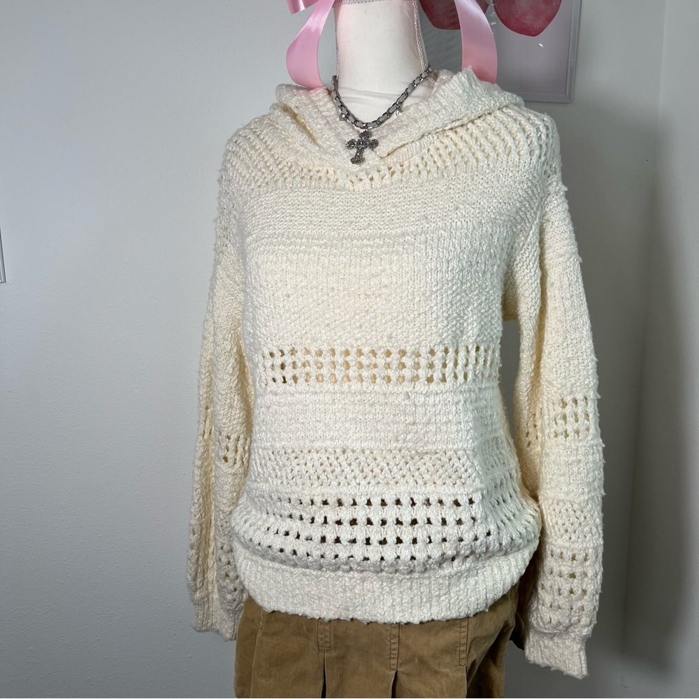 Anthropologie Pointelle Knit Crochet Open Knit Cream Hoodie Pullover Sweater S - Picture 2 of 7